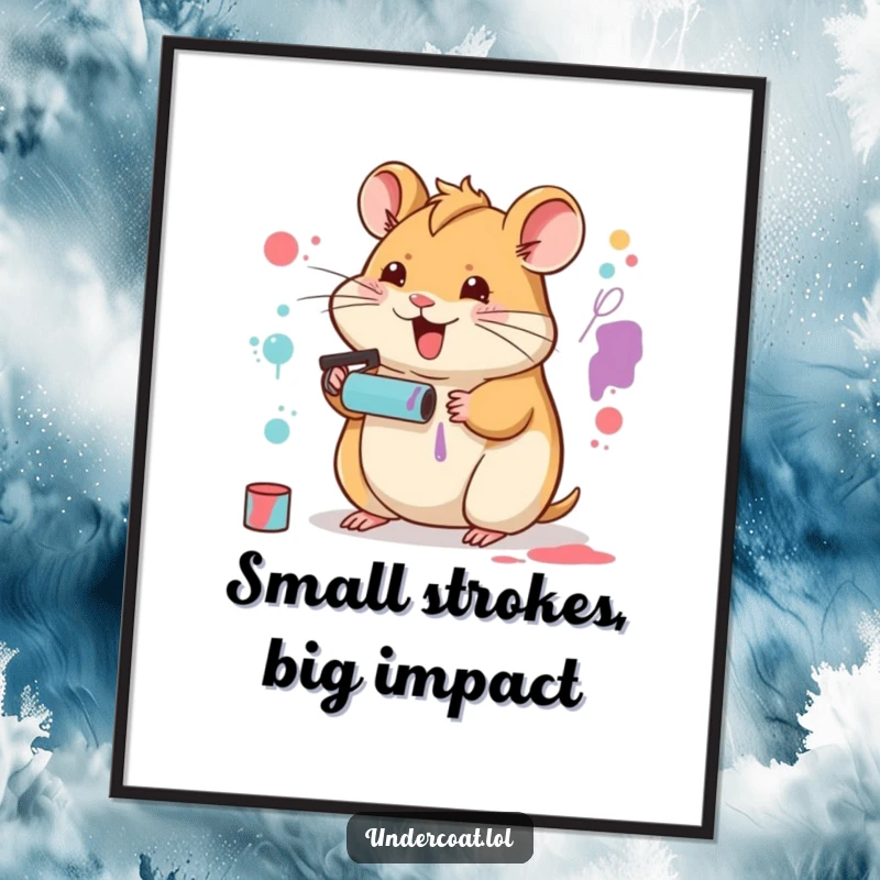 Funny free printable wall art of a happy hamster creating abstract art with a tiny paint roller, a unique decor piece.