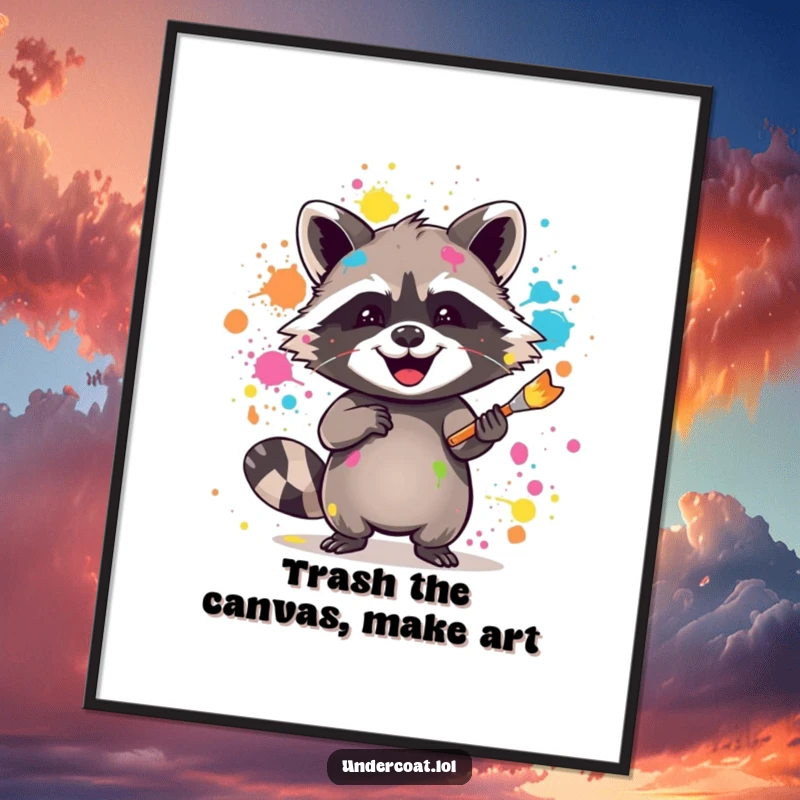 Funny Free Printable Wall Art: Joyful raccoon enthusiastically splattering vibrant paint with a brush.