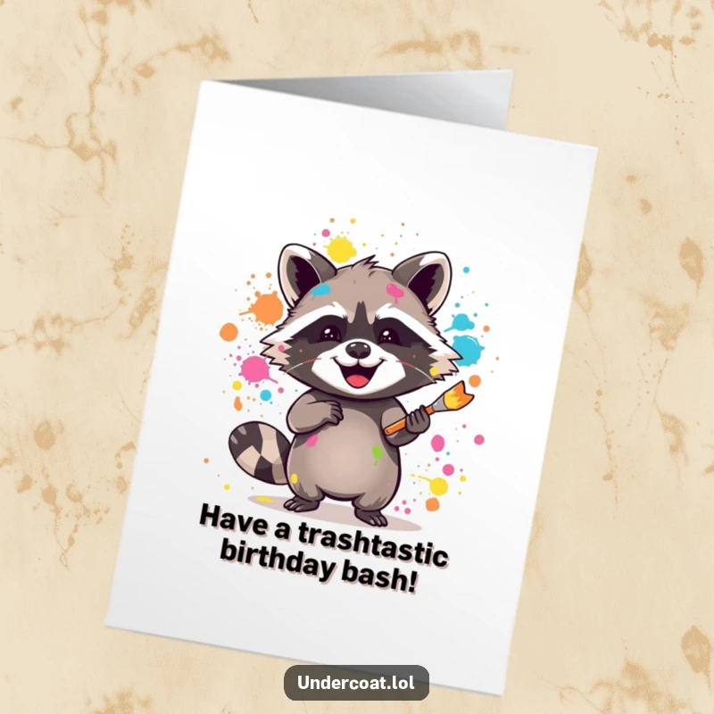 Funny Free Printable Birthday Card: Joyful raccoon gleefully splattering paint with a brush.