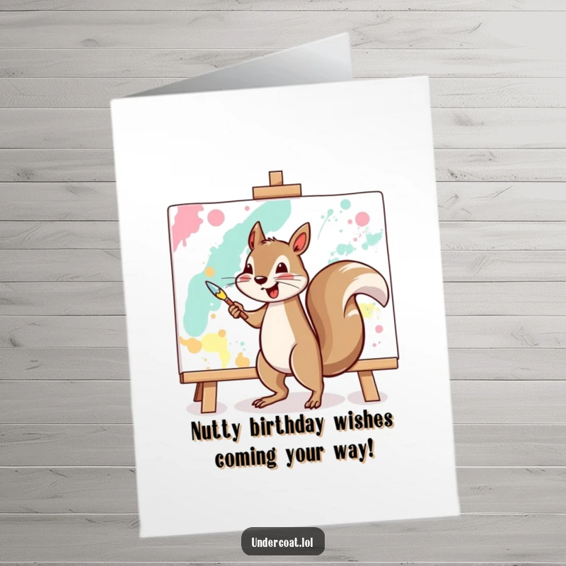 Funny Free Printable Birthday Card: Cheerful squirrel artistically painting a large abstract canvas with gusto.