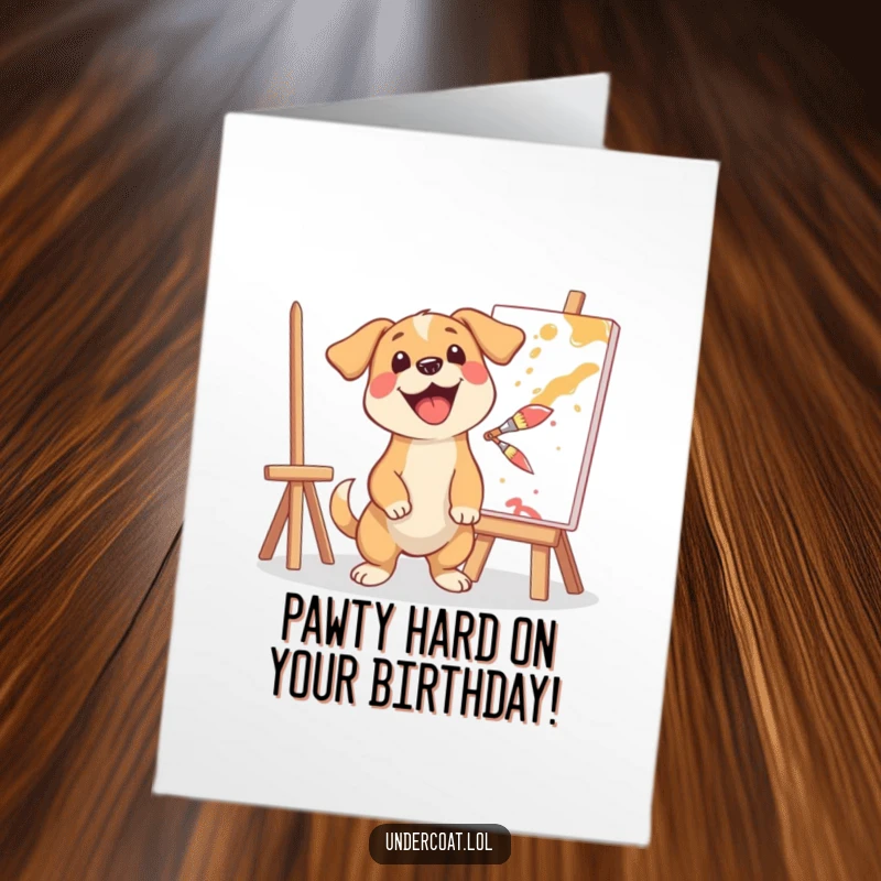 Funny Free Printable Birthday Card: A happy dog artist excitedly splashes paint from a brush onto a canvas.