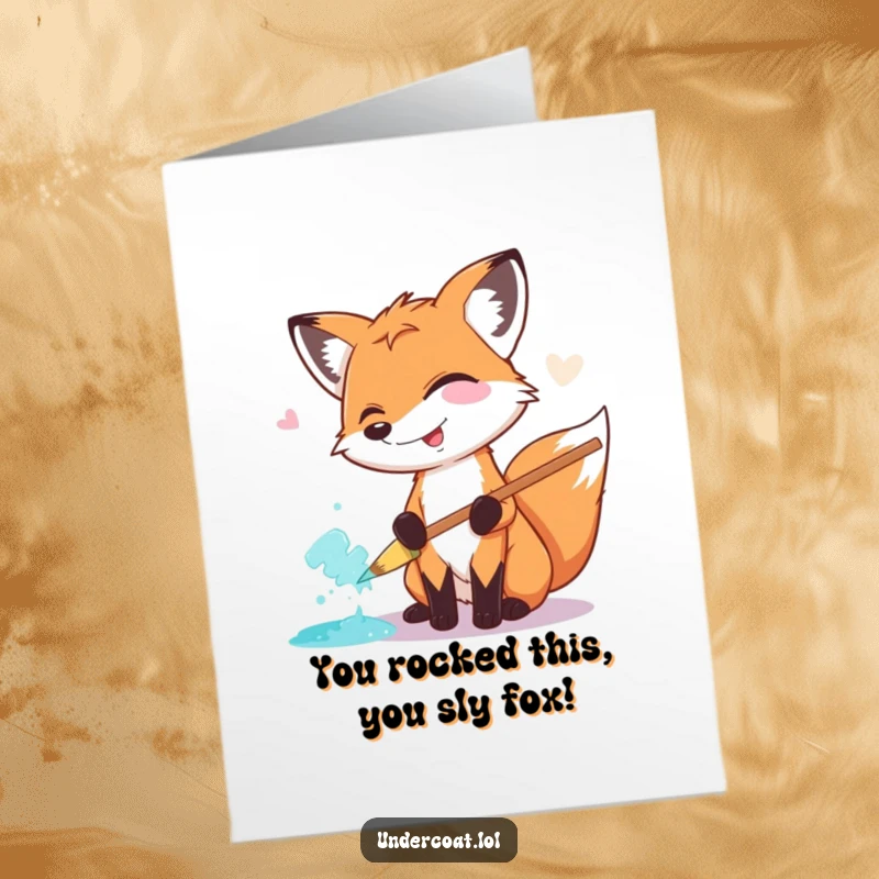 Funny Free Printable Congratulations Card: A fox artist with a wide grin smears paint using a large pastel brush, cheering success.