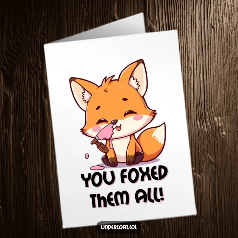 Funny free printable congratulations card: mischievous fox smiling with paint smeared on its nose, celebrating a quirky success.