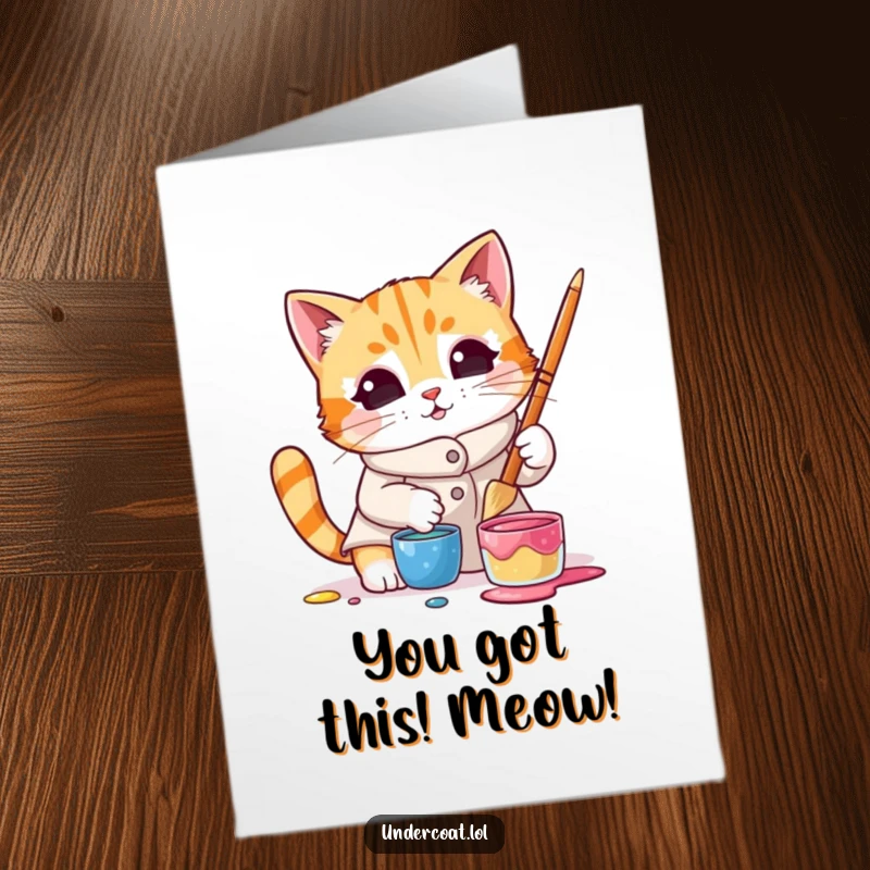 Funny Free Printable Congratulations Card: A curious cat artist dips a brush into a colorful paint pot in celebration.