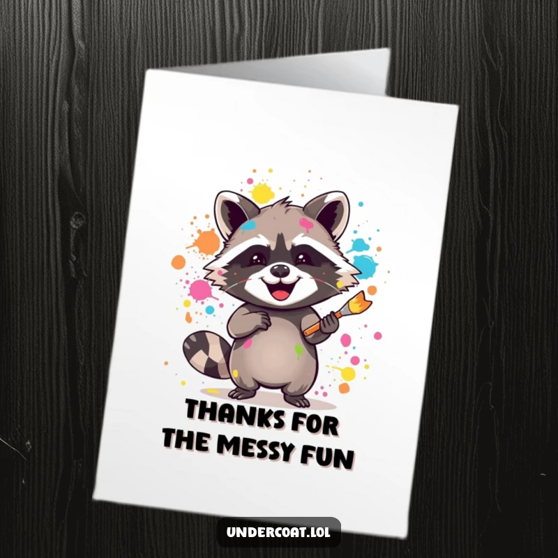 Funny Free Printable Thank You Card: Joyful raccoon splattering paint to express thanks.