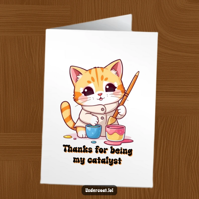 Funny Free Printable Thank You Card: A curious cat artist dips a brush into a colorful paint pot, conveying thanks.