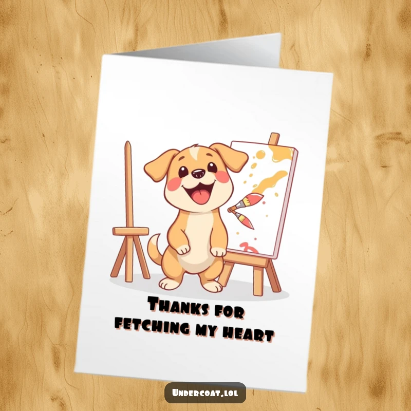 Funny Free Printable Thank You Card: A happy dog artist splashes paint from a brush, sending thanks.