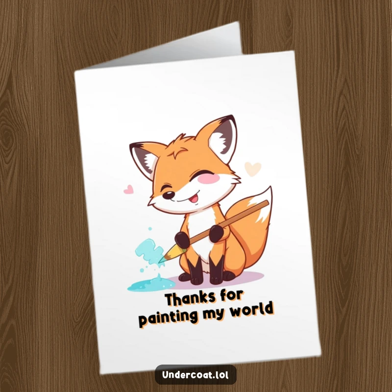 Funny Free Printable Thank You Card: A giggling fox uses a huge pastel brush to smear paint, conveying colorful thanks.