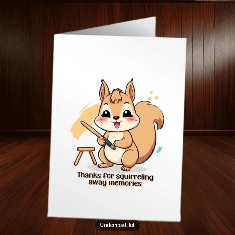 Funny Free Printable Thank You Card: A cheerful squirrel actively uses a paintbrush to create a vibrant stroke, sending thanks.
