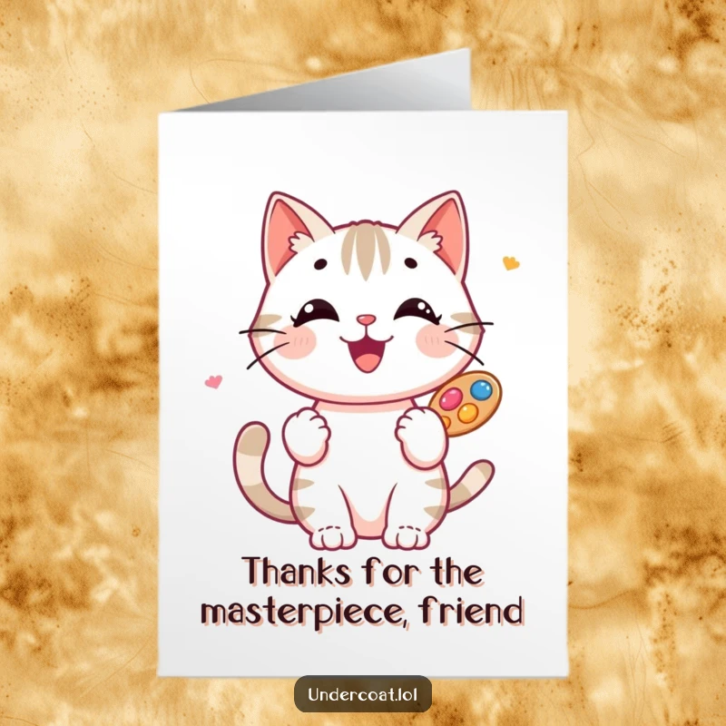 Funny Free Printable Thank You Card: A happy cat artist balances a paint palette, offering colorful thanks with artistic charm.