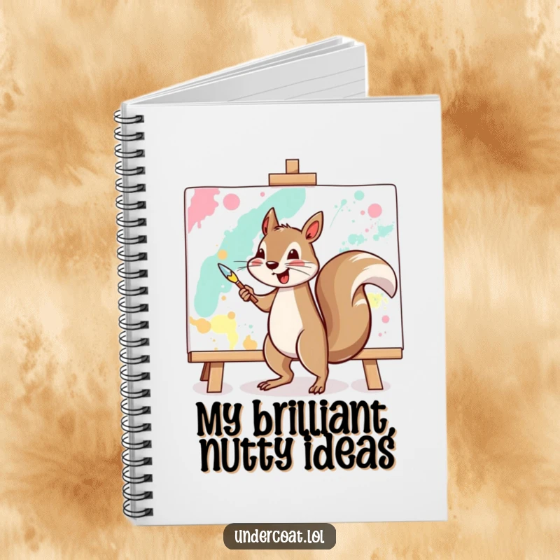 Funny squirrel notebook with a cheerful squirrel vigorously painting a large abstract canvas, perfect for artistic notes.