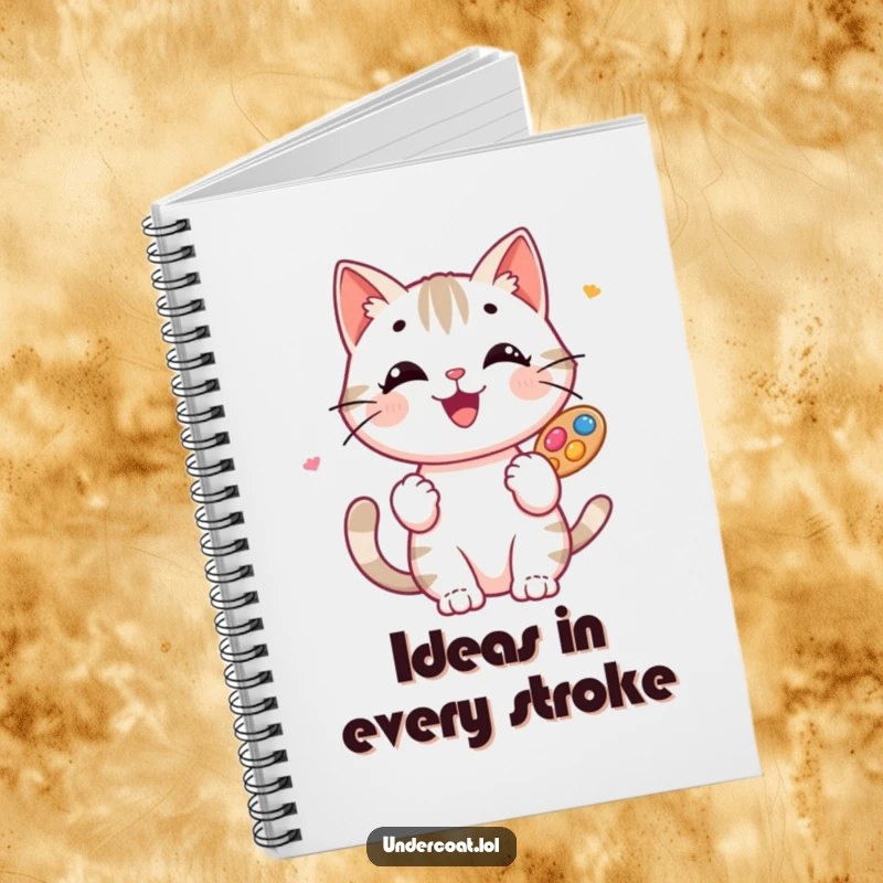 Funny Cat Artist Notebook: A happy cat artist sketches ideas in a notebook, holding a palette of colors, ready to jot down thoughts.