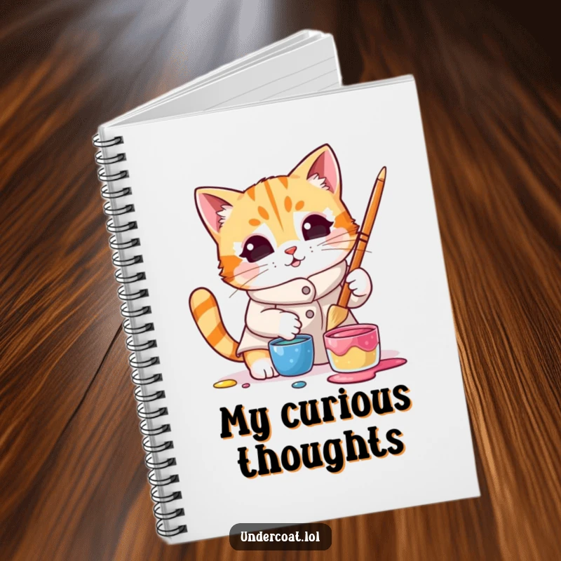Funny notebook with a curious cat wearing a smock and dipping a brush into paint, designed for jotting notes with artistic flair.