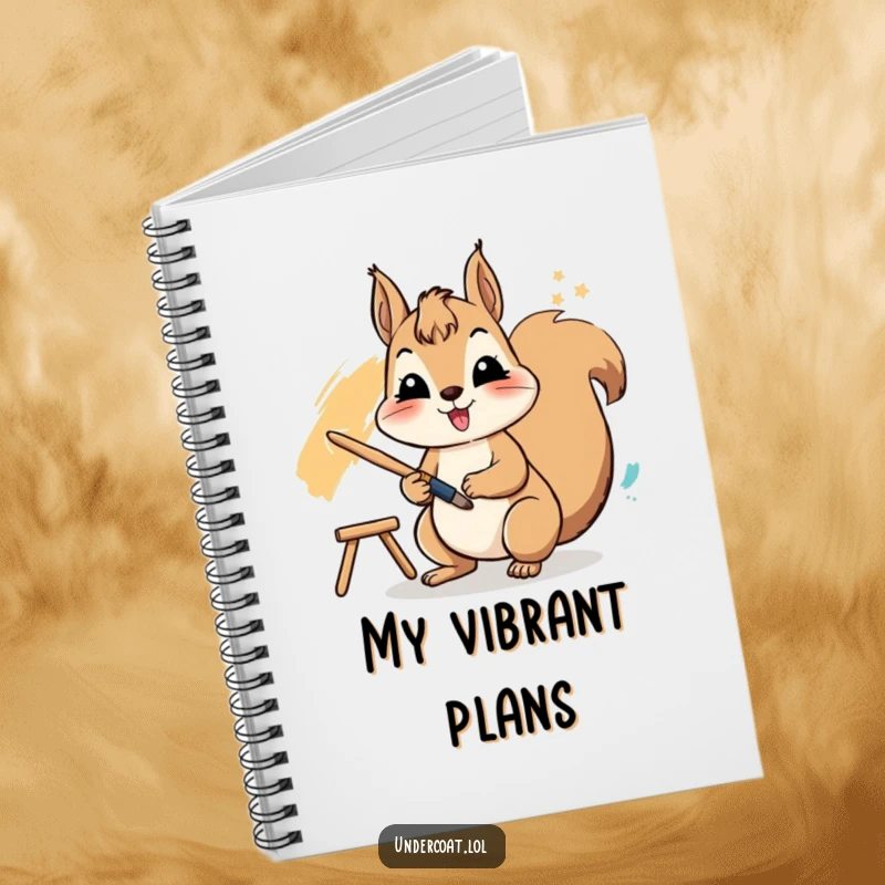 Funny notebook with a cheerful squirrel actively using a paintbrush to create a vibrant stroke, designed for jotting notes with artistic flair.
