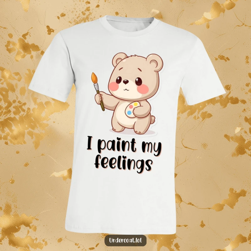 Funny bear artist t-shirt, a playful bear artfully balancing a palette and brush, looking focused, great gift.