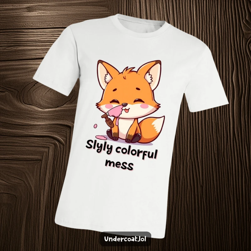 Funny Fox Artist T-Shirt depicting a mischievous fox smiling with paint smeared on its nose, embodying playful creativity.