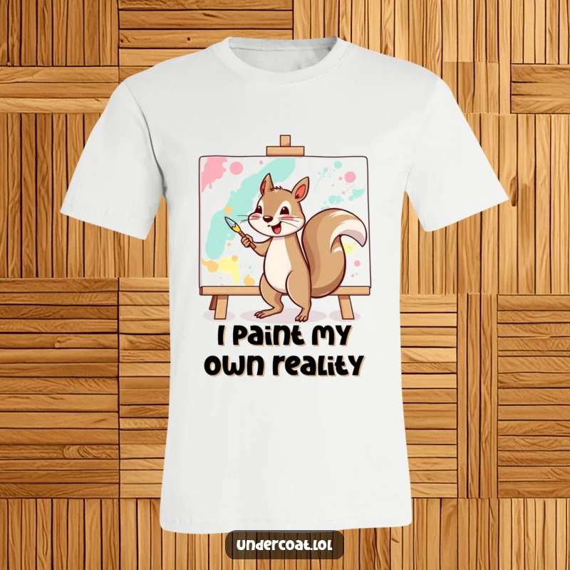 Funny squirrel t-shirt featuring a cheerful squirrel vigorously painting a large abstract canvas, perfect for art lovers.