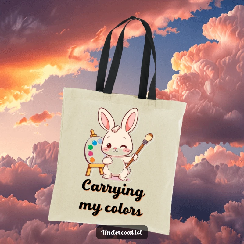Funny Bunny Artist Tote Bag featuring a curious bunny with a paintbrush and palette, perfect for carrying art supplies.