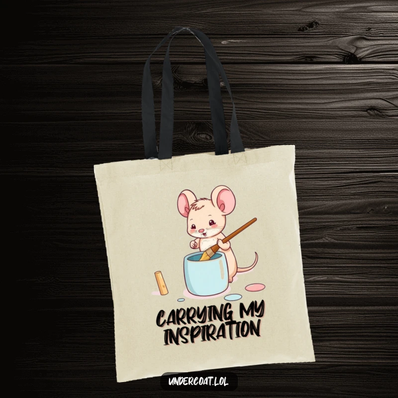 Funny mouse tote bag featuring a tiny mouse playfully dipping a brush into a paint pot, perfect for art errands.