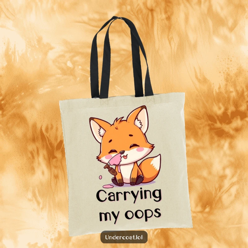 Funny Fox Artist Tote Bag with a mischievous fox smiling, paint smeared on its nose, perfect for art supplies.