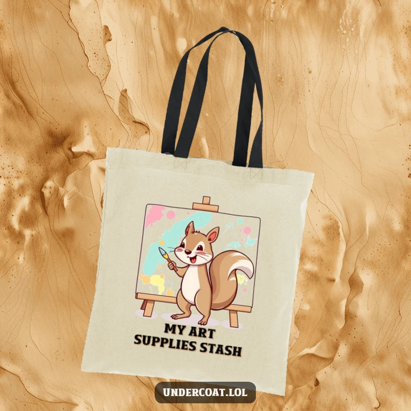 Funny squirrel tote bag featuring a cheerful squirrel vigorously painting a large abstract canvas, perfect for art errands.