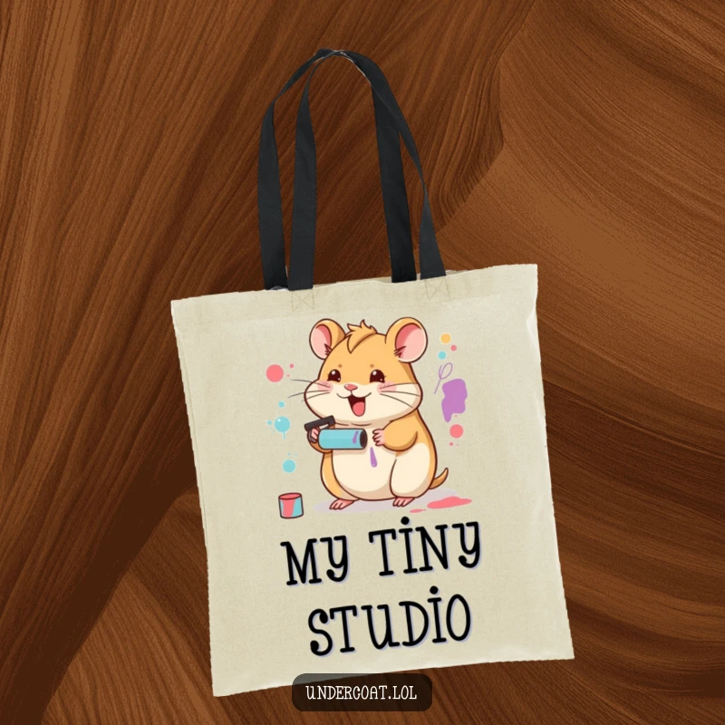 Funny Hamster Artist Tote Bag with a happy hamster using a tiny paint roller for abstract art, ideal for supplies.